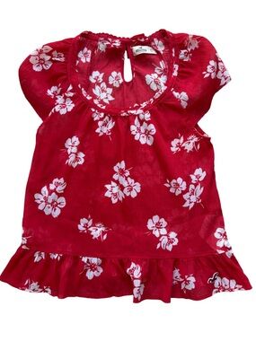 Hollister Girls' Red Floral Keyhole Ruffle Top